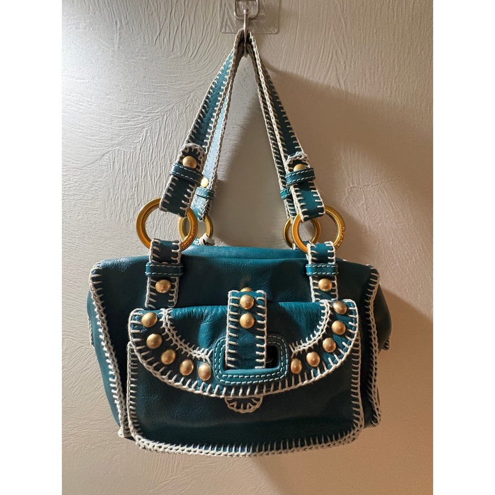 Isabella Fiore Teal Leather Whipstitch Studded Shoulder Bag Satchel Boho